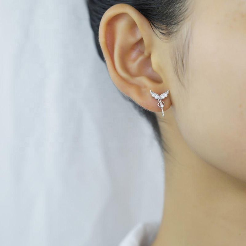 Real 925 Sterling Silver Earring Fashion Angle Wings Key Zircon Stud Earrings for Women Personality Jewelry Gift