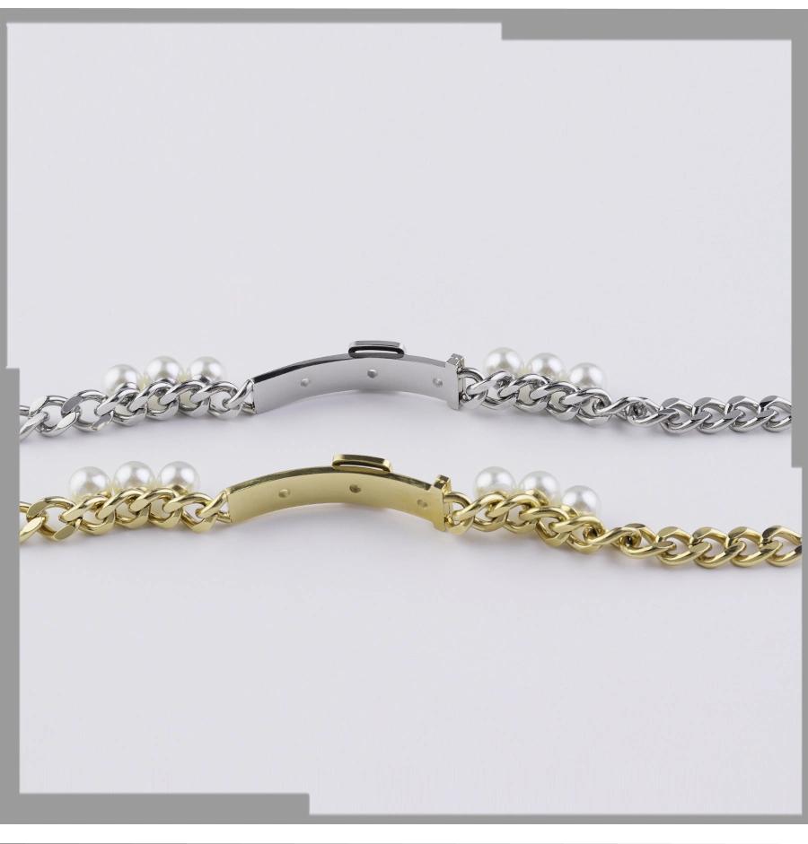 Women′s Stainless Steel Jewelry Inlaid Pearl Bracelet Gold Cuban Bracelet