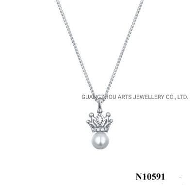 White Shell Pearl on Silver Crown Necklace