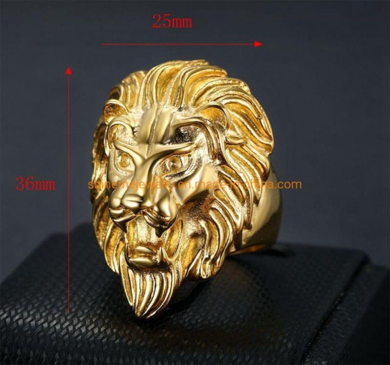 Hot Selling 316 Stainless Steel Hip Hop Lion Head Hand Polished Vacuum Gold Plated Men′ S Ring Sgmr2622