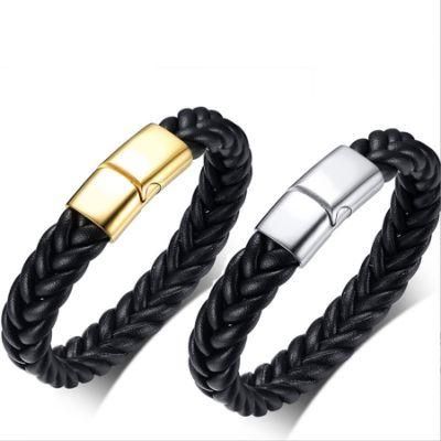 Stainless Steel Magnetic Clasp Microfiber Leatherbracelet Men&prime;s Black Bracelet