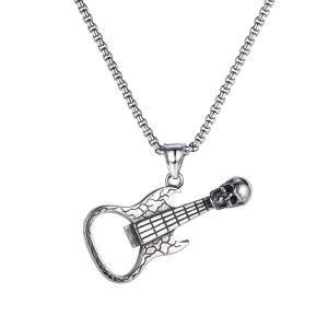 Stainless Steel Beer Bottle Corkscrew Skull Guitar Pendant Necklace