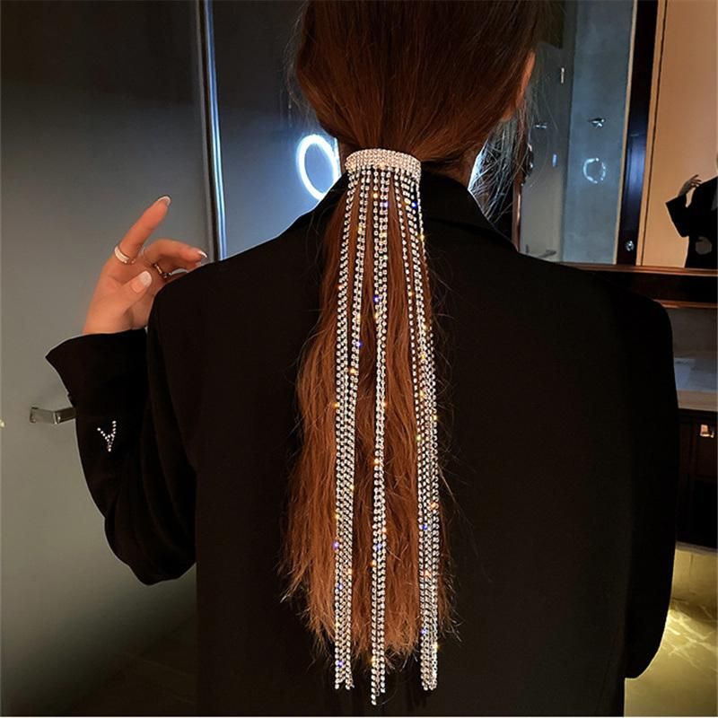 Women Long Tassel Wedding Hair Accessories Banquet Jewelry Full Rhinestone Hairpins