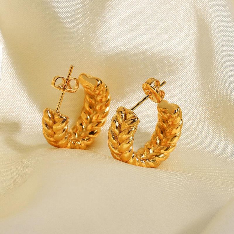 Gold Plated Stainless Steel C Stud Earrings with Ear of Wheat Pattern in Double Sides Hoop Earrings