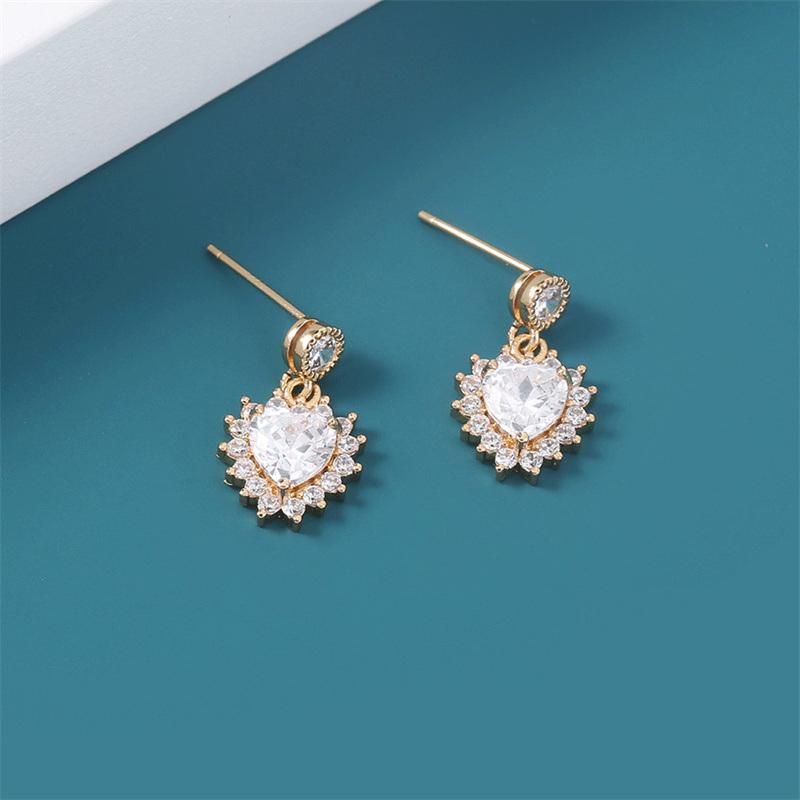 Fashion Jewelry Solid Gold Plated Heart-Shaped Diamond Pave CZ Drop Earrings for Women