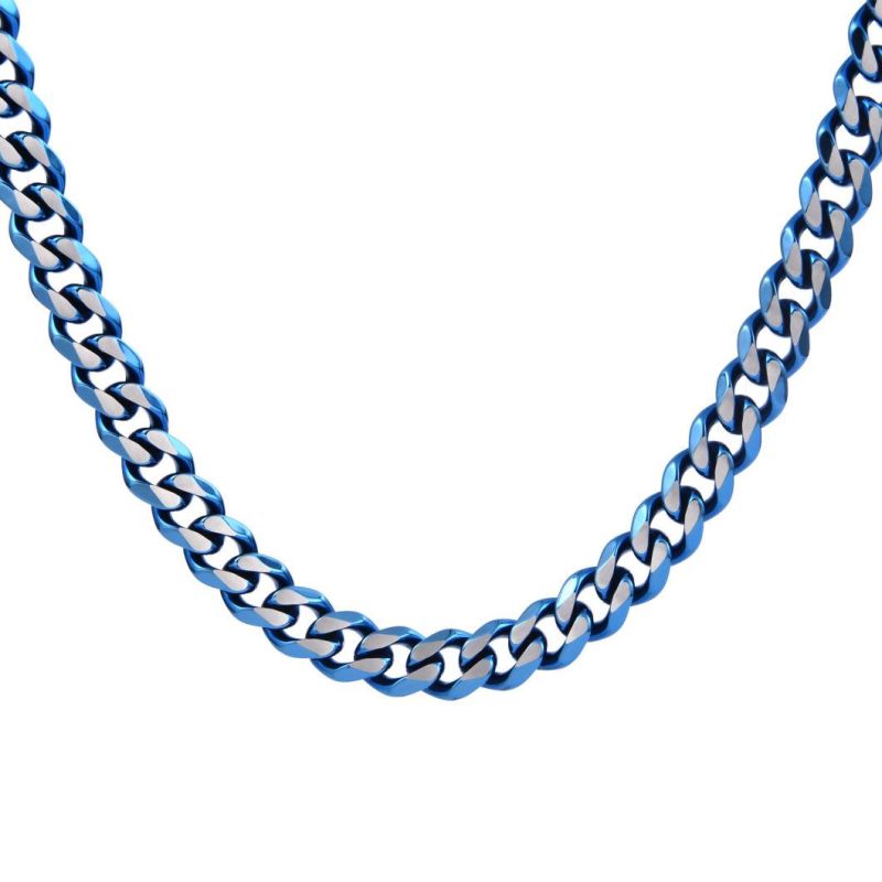 6mm Wide Chain 24 Inch Necklace for Men Women Boys Girls Stainless Steel Cuban Link Chain Necklaces Water Resistant Thick Metal Blue Color Chains