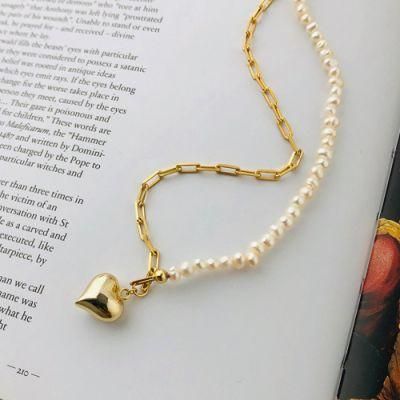 Amozon Dropshipping 925 Sterling Silver Handmade Heart Baroque Gold Chain Pearl Choker High Quality Necklace