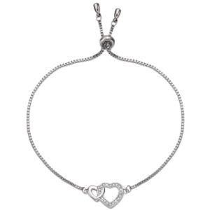 White Gold Plated Link Chain Bracelet Double Heart Silver Link Cubic Zirconia Crystal Bracelet for Women Jewelry
