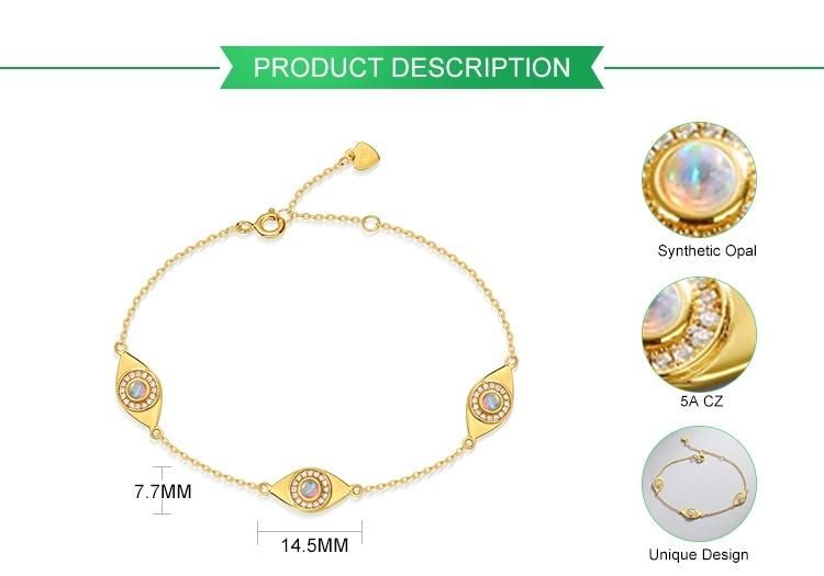 Wholesale Custom Turkey Jewelry Delicate Lady Gold Plated 925 Sterling Silver Synthetic Opal Lucky Eye Bracelet