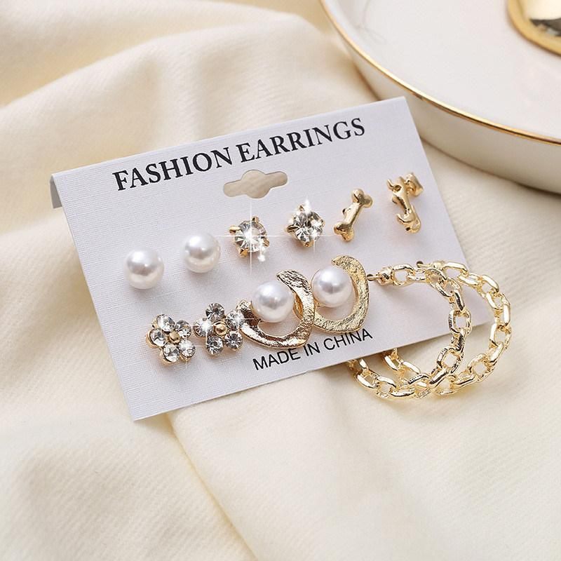 Manufacture Whosale Price Basic 6 Pairs Stud and Hoop Earrings with Pearl Glass Crystal Studs Alloy Bone Stud Flower Stud Heart Stud and Chain Hoop Earrings