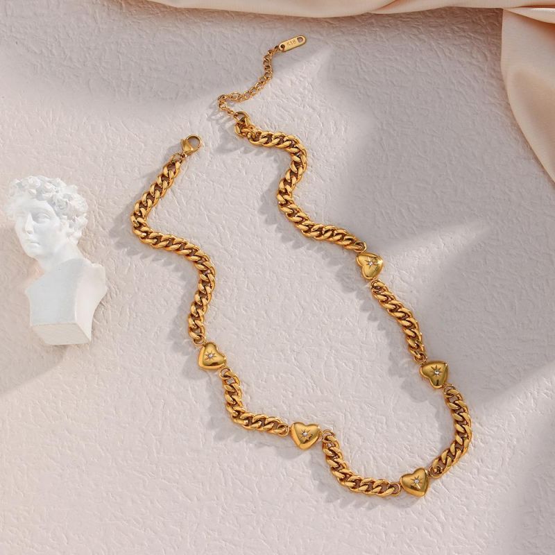 Factory Customized Fashion Retro Fashion Ins Jewelry Stainless Steel Electroplating 18K Gold Zirconium Inlaid Love Pendant Cuban Chain Necklace