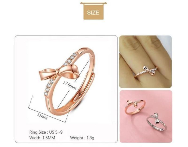 Real 925 Sterling Silver Ring Bowknot Zircon Exquisite Adjustable Ring Women Wedding Sweet Romantic Girl Jewelry