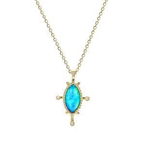 S925 Silver Vintage Created Blue Opal Diamond 5A CZ Zircon Oval Shape Pendant Necklace for Women