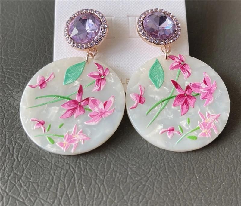 Wholesale Round Violet Pave Stone Fashion Tortoise Perspex Jewelry White Round Resin Acrylic Flower Printing Pendant Stud Earrings
