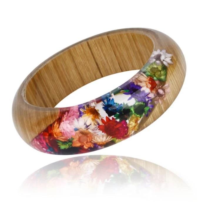 Dried Flower Resin Wood Handmade Bracelet for Women