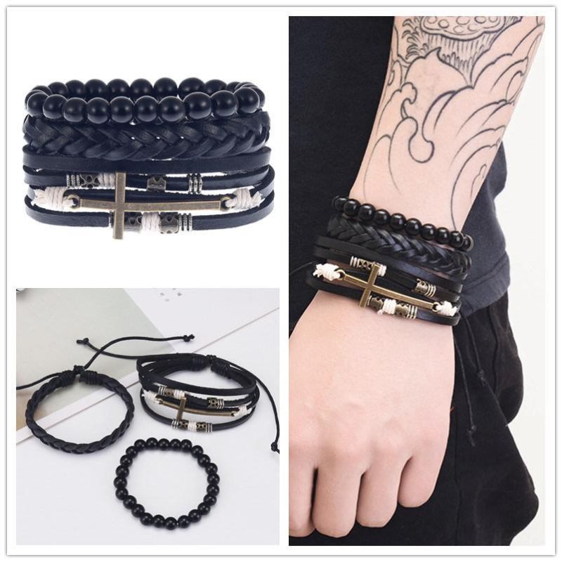 3 Piece Leather Cuff Bracelet for Men and Women Punk Rock Braided Bracelet Via Brown Black Wristband Handmade Jewelry
