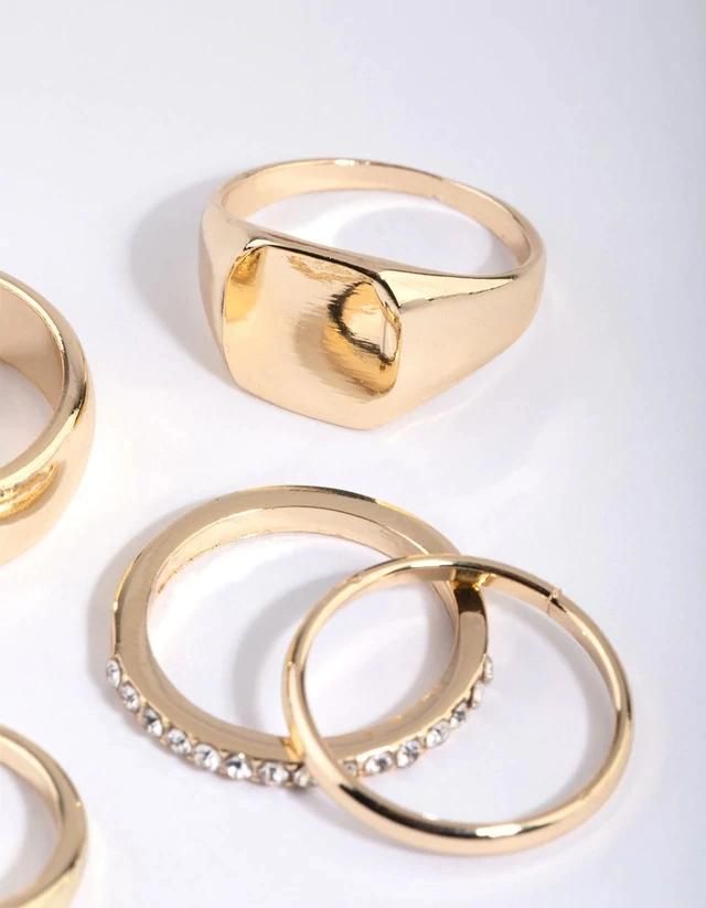 18K Gold Plated Chunky Multiple Rings Diamante Ring Pack