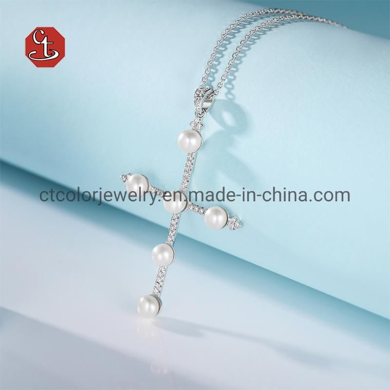 Wholesale fashion 925 silver cross shape 5A CZ nature pearl jewelry necklace