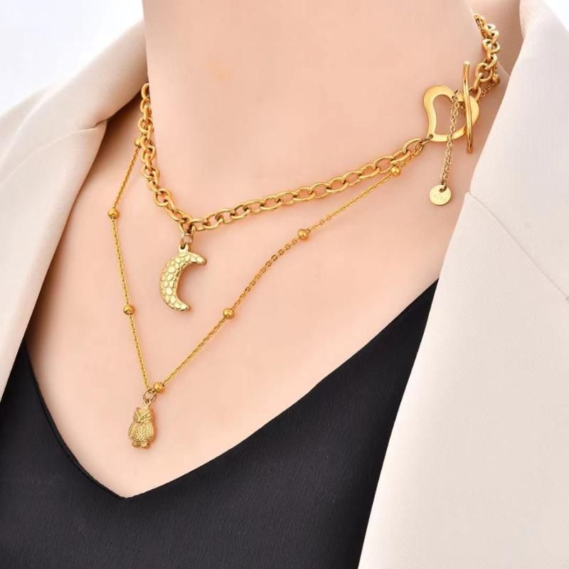 Gold Plated 47cm Beaded Chain and Curb Chain Layer Necklace with Pendant