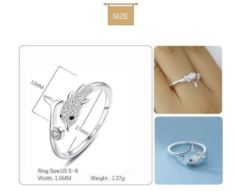 925 Sterling Silver Ring Cute Animal Dophin with Zircon Adjustable Ring for Women Engagement Fine Jewelry