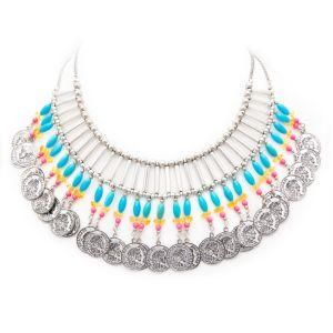 Women Fashion Accessoires Bohemian Coin Pendant Silver Statement Necklace