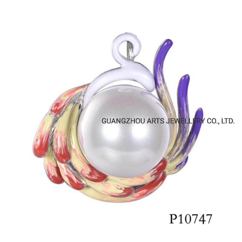 Pink Enamel Flower with a Drop Pearl Silver Pendant