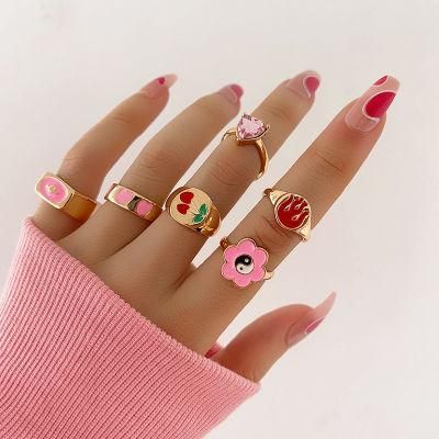 Manufacture 6PCS/Set Pink Enamel Heart Shape Stone MIDI Ring Stacking Statement Rings with Cherry Heart Yingyang Fire Patterns
