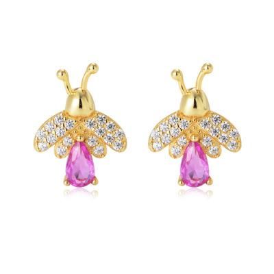 Lovely Girl Wholesale Gold Plated 925 Sterling Silver Rainbow Diamond CZ Bee Stud Earrings
