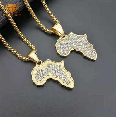 Hot-Sale Hip-Hop Hiphop Jewelry Titanium Steel Gold-Plated Diamond Diamond Map Pendant for Africa Spt2621