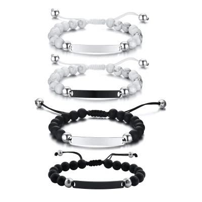 Curved Stainless Steel Matte Black Agate Beaded Nylon Cord Woven Men&prime;s Bracelet Personality Lettering