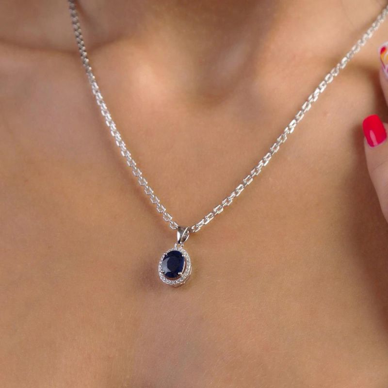 Natural Blue Sapphire Real 925 Sterling Silver Pendant Necklace for Women Necklace Costume Jewelry