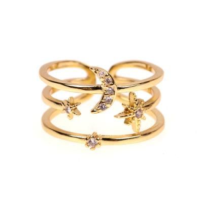 Fashion Brass CZ Moon Star Ring 18K Gold Plated Adjustable Ring for Women Girls