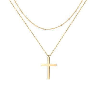 Trendy Custom Minimalist Classic Women Gifts 925 Sterling Silver 18K Gold Plated Cross Double Layered Pendant Necklace Jewelry