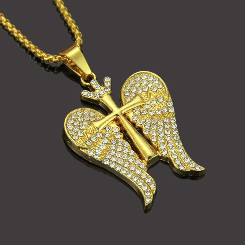 Fashion Mens Gold Angel Wings with Cross Shape Pendant Necklace