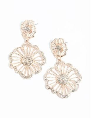 Rose Gold Diamante Floral Drop Earrings