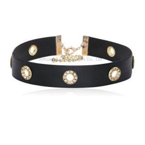 Fashion Crystal Rhinestone Gold Plated Circle PU Leather Black Choker Necklace for Women Punk jewelry