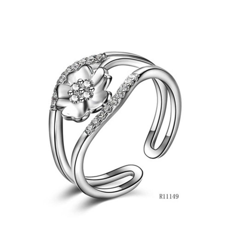 Lucky Four-Leaf Clover Silver with CZ Flower Open Ring
