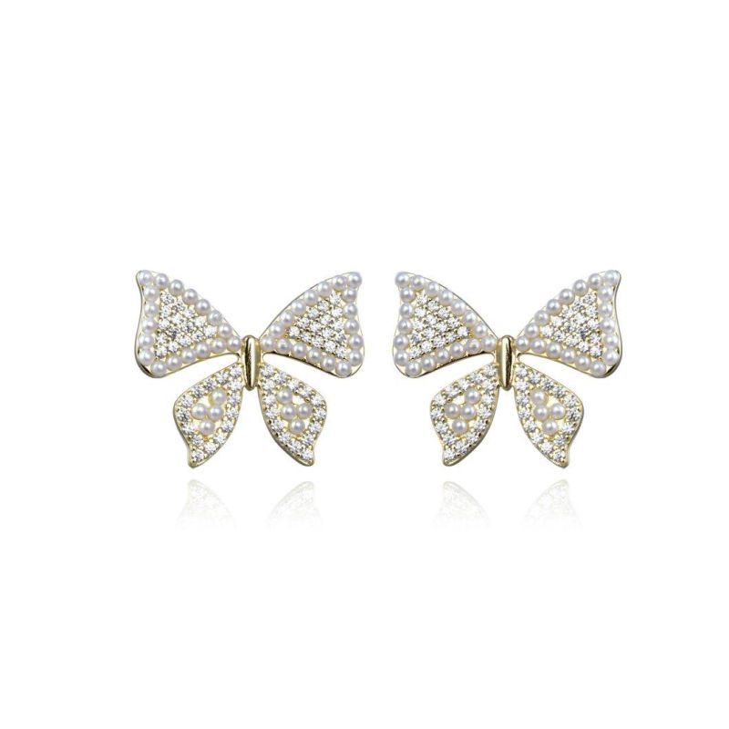 Lady′s 14K Yellow Gold Plated 925 Sterling Silver Stud Earring with Small Pearl
