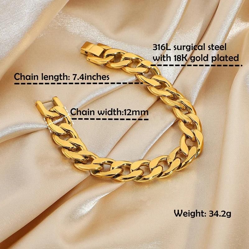 12mm Chain Link Bracelet 316L Surgical Steel Jewelry for Women