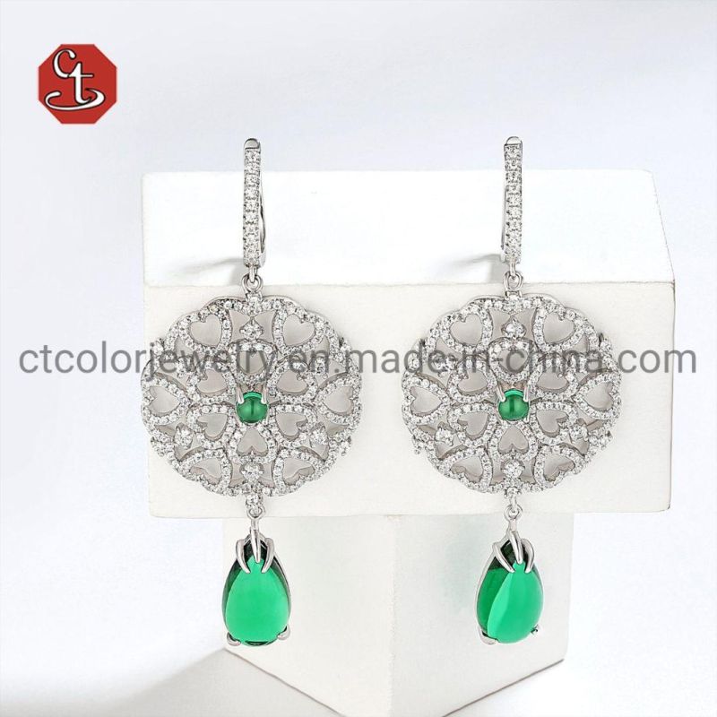 Luxury Imitation Green Gemstone Brass Earring Heart Set Jewelry for Women