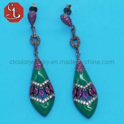 Ruby CZ Silver Earring Green Enamel Silver Eardrop Fashion Enamel Silver or Brass Earrings