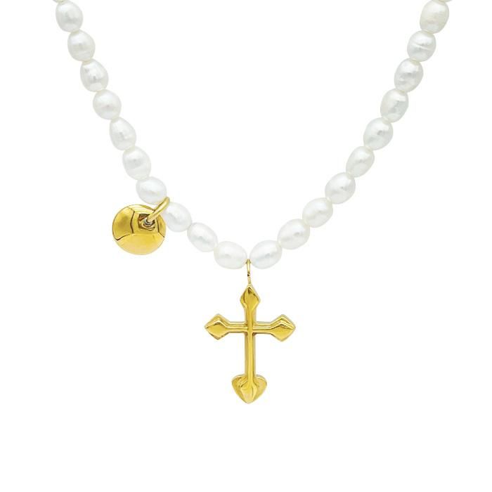 Wholesale Stainless Steel Gold Plated Christian Cross Pendant Pearl Necklaces for Ladies