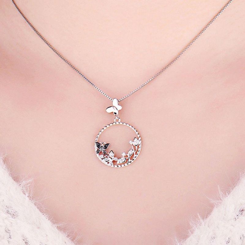 925 Sterling Silver Pendants Necklace Black Butterfly Flower Pendant Fashion Jewelry Wholesale