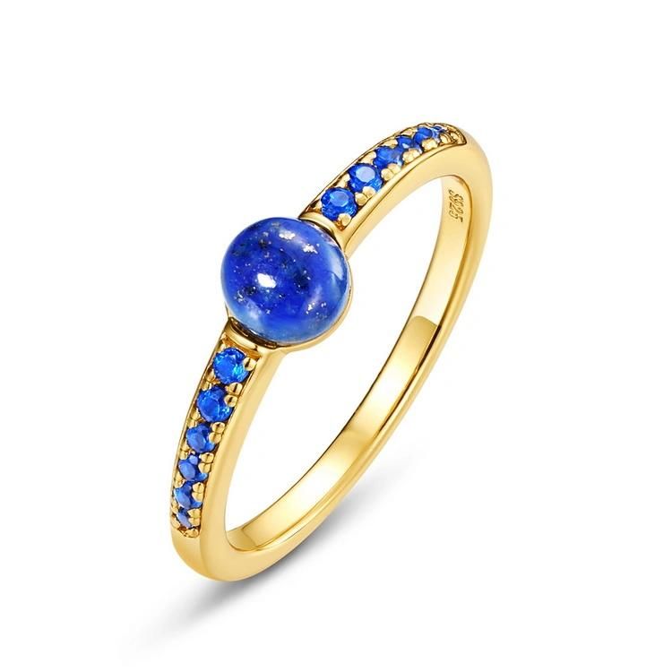 Women 925 Sterling Silver Stone Ring Trendy Gold Plating Lazurite Blue Spinel Ring