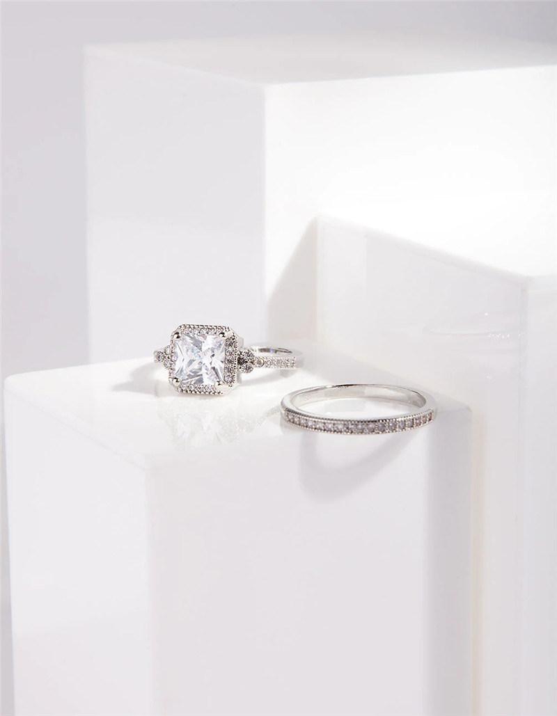 Customizable Fashion Jewelry Women Accessories Cubic Zirconia Diamond Double Silver Engagement Wedding Ring