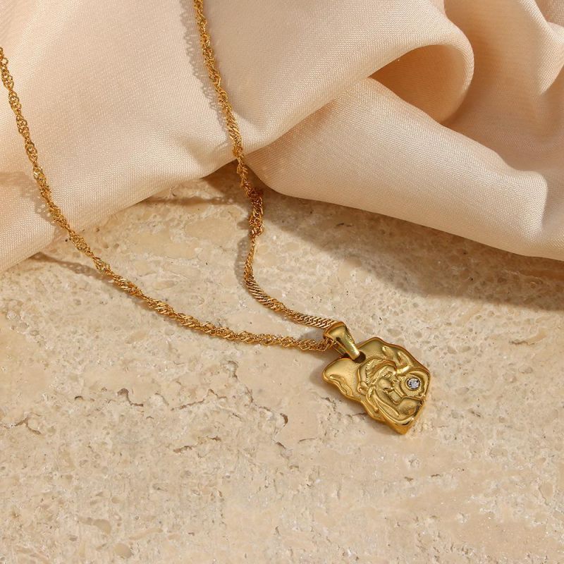 Manufacturer Customized Fashion Jewelry Retro Personalized Fashion Pendant Jewelry Stainless Steel 18K Gold Plated Irregular Portrait Zircon Pendant Necklace