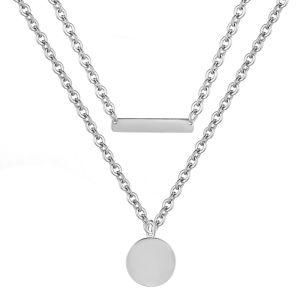Stainless Steel Gold-Plated Double Layer Smooth Curved Piece Round Brand Pendant Necklace