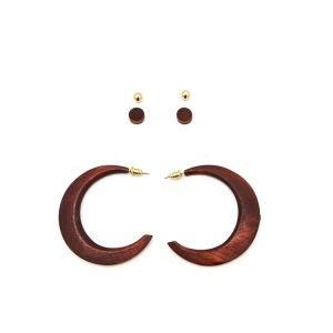 Fashion Accessories Women Jewelry Gold Bead Wood Hoop Earrings Set