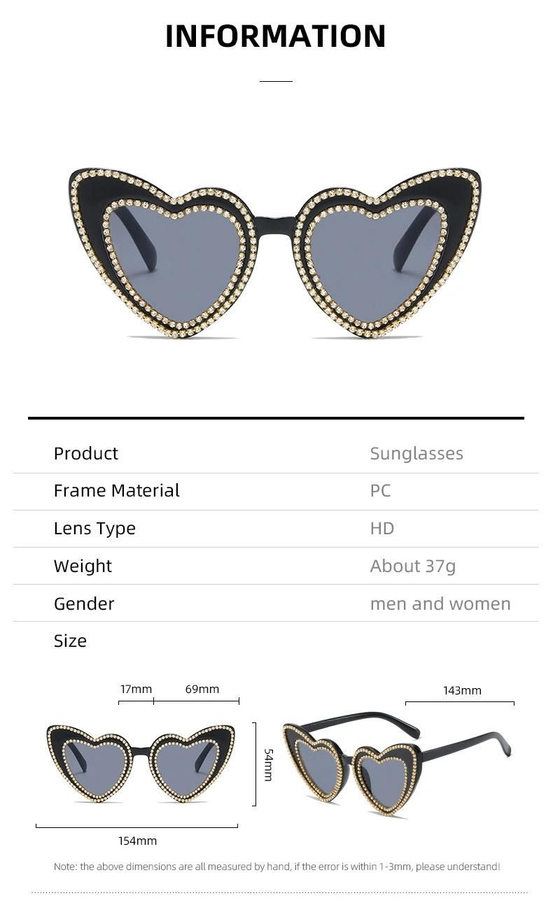 2022 Women Wholesale Arrival Hot Selling Frame Love Heart Shaped Diamond Sun Glasses Fashion Trendy Sunglasses