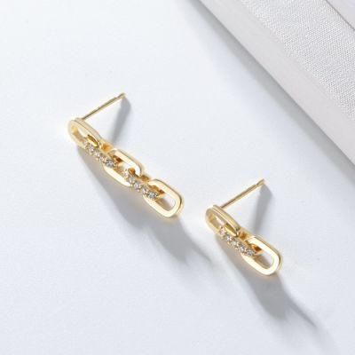 Trendy 925 Sterling Silver Jewelry Diamond Rectangle Chain Link Dangle Earring for Woman